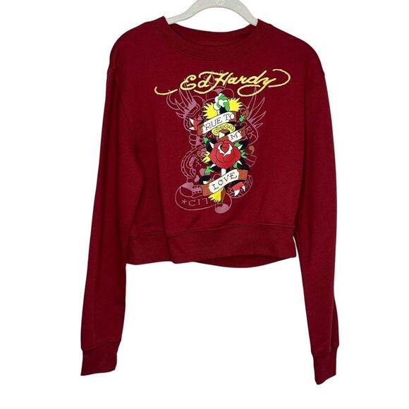 Ed Hardy Tops - Ed Hardy Sweatshirt Womens Small Red True To My Love Cropped Graphic Pullover